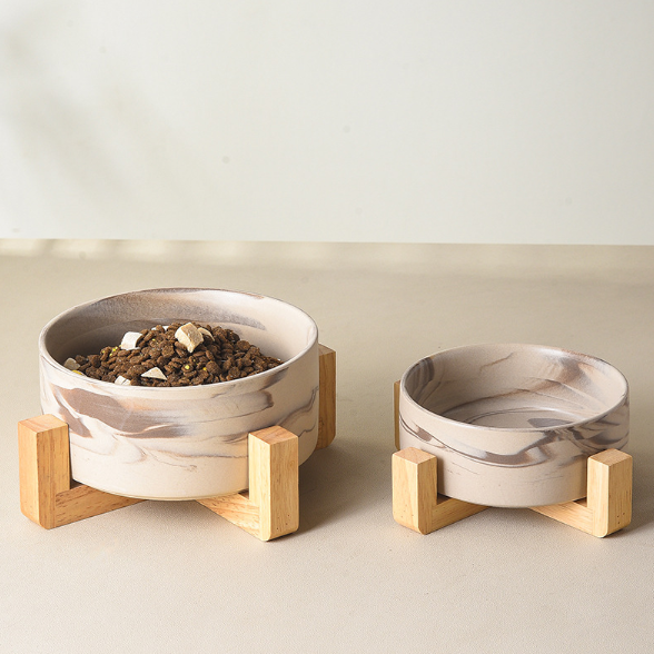 Marbled Ceramic Pet Bowls with Wooden Stands