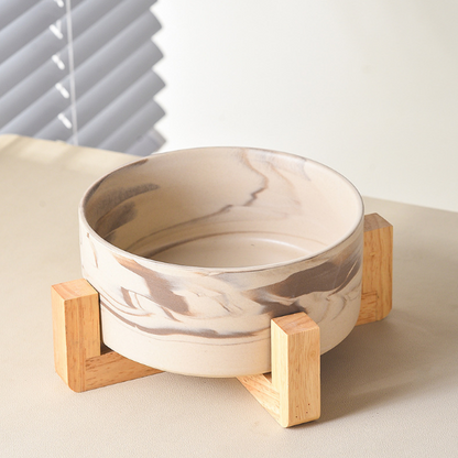 Marbled Ceramic Pet Bowls with Wooden Stands
