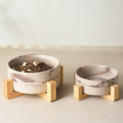Marbled Ceramic Pet Bowls with Wooden Stands