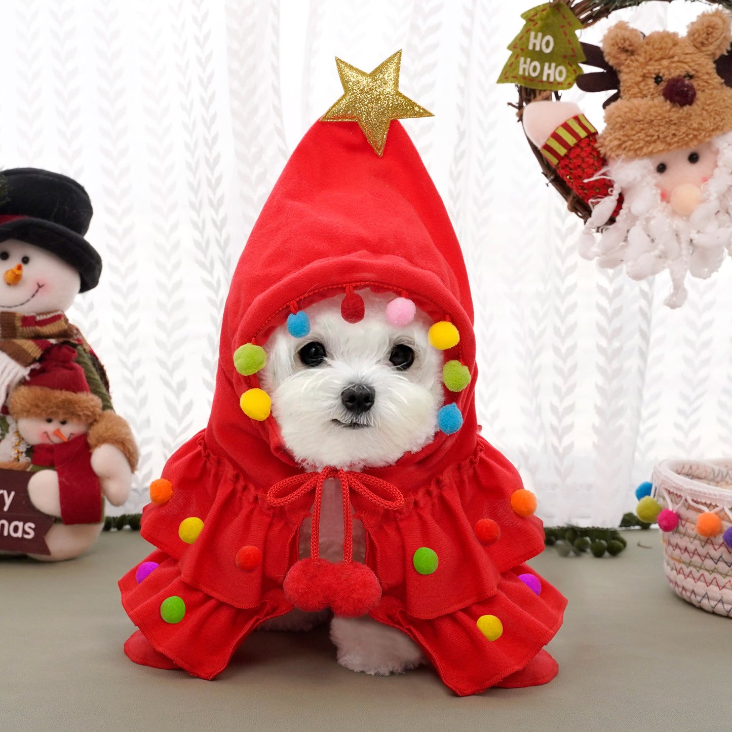 Starry Christmas Pet Pom-Pom Riding Hood - Red