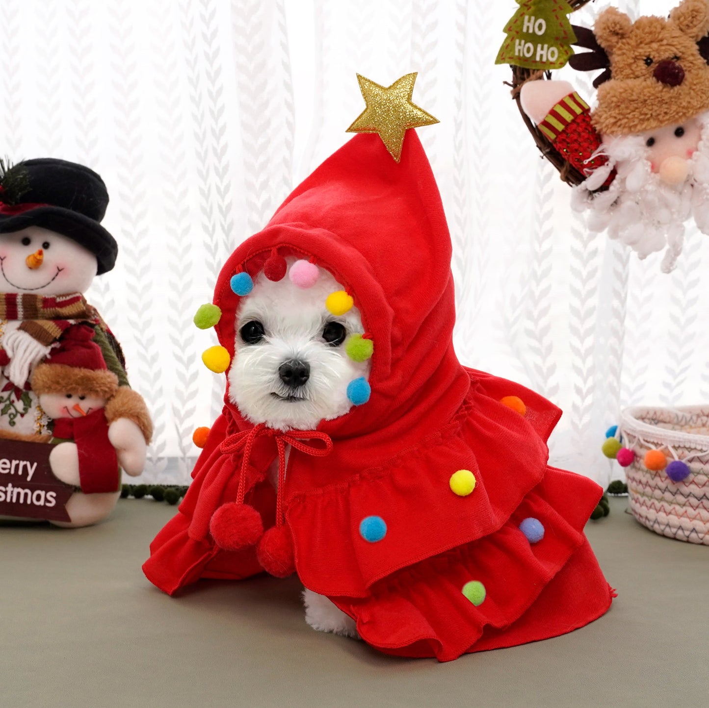 Starry Christmas Pet Pom-Pom Riding Hood - Red