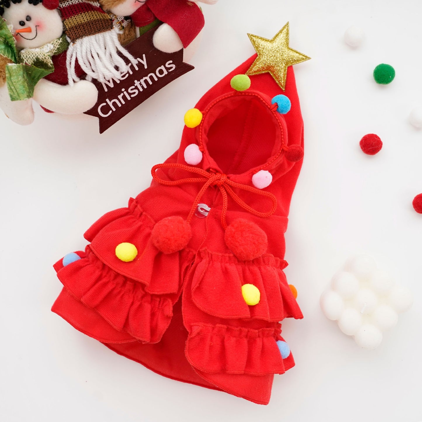 Starry Christmas Pet Pom-Pom Riding Hood - Red